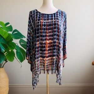 0076/ Women Grey Brown Shibori Poncho With Fringe Tie Dye Poncho